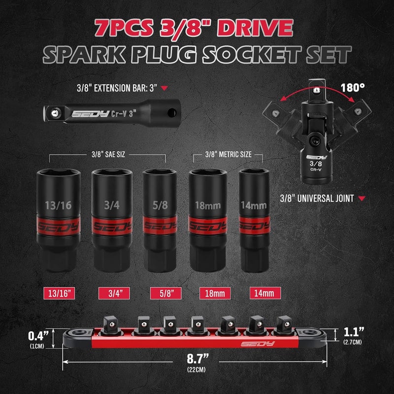 SEDY 8-Piece 3/8''-Drive Spark Plug Socket Set, Impact Spark Plug Socket Set with Magnetic Rail, SAE & Metric, 5/8-inch, 3/4-inch, 13/16-inch, 14mm, 18mm, Extension Bars, Universal Joint - Image 2